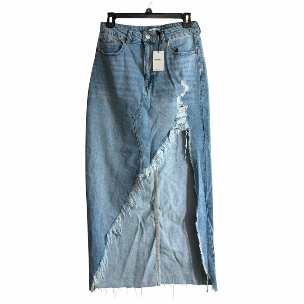 Forever 21 Large Denim Maxi Skirt Front Slit Raw Hem Boho Y2K Festival NWT